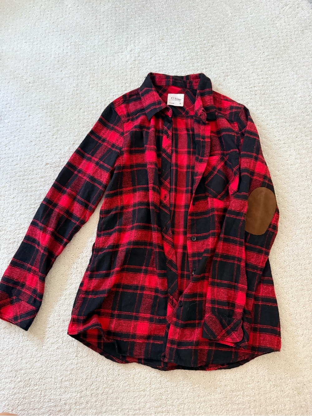 Ci Sono Red and Black Plaid Button-Down Shirt with Brown Elbow Patch